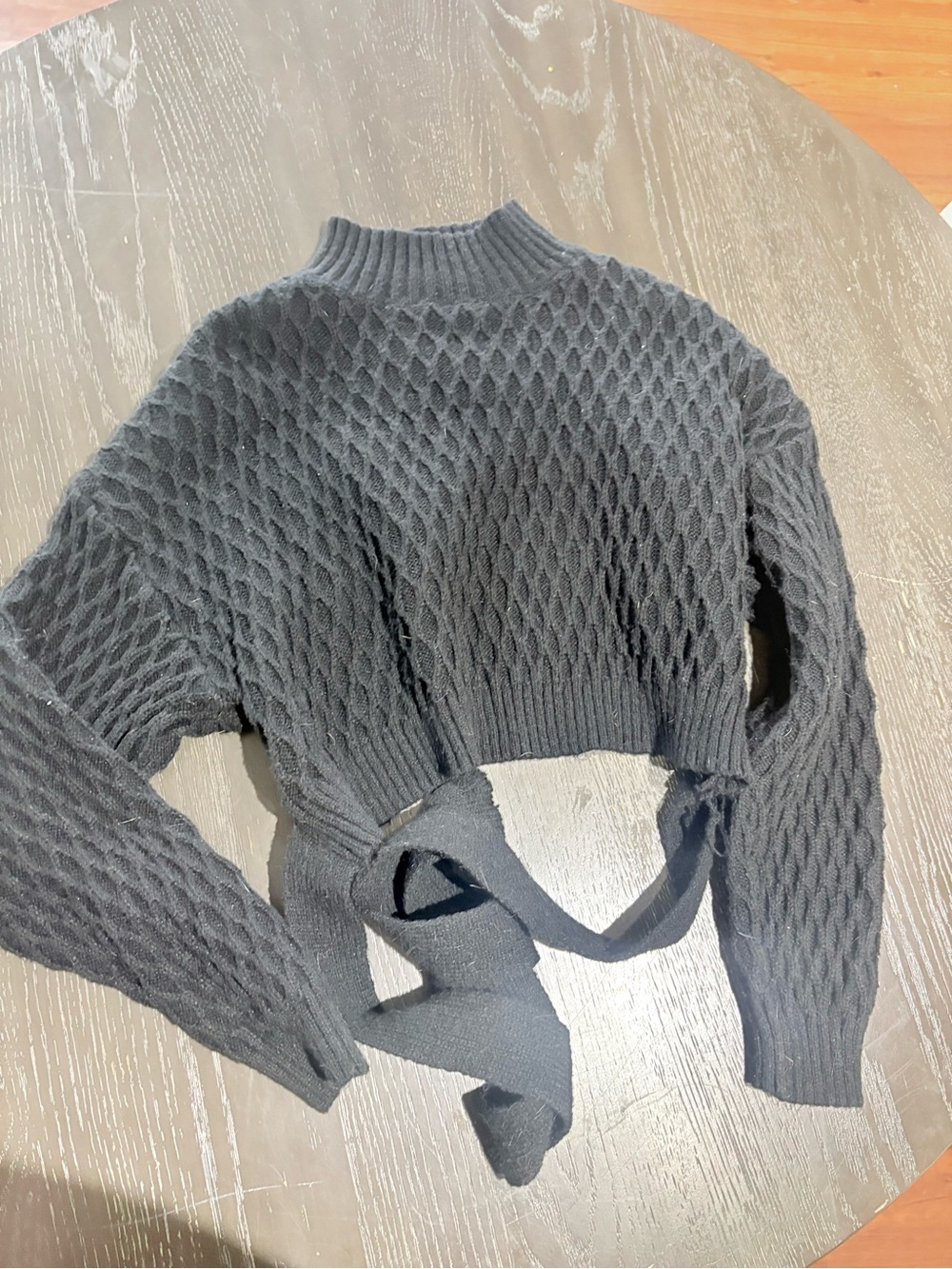Black Textured Knit Tie-Back Long Sleeve Top